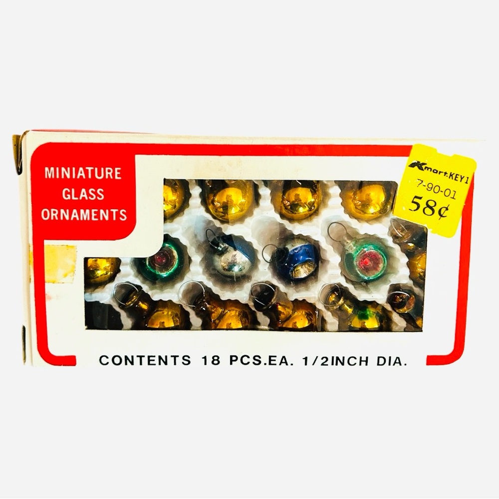 Miniature Glass Ornaments Set in original box 17 pieces Gold-Silver Vintage 1/2”
